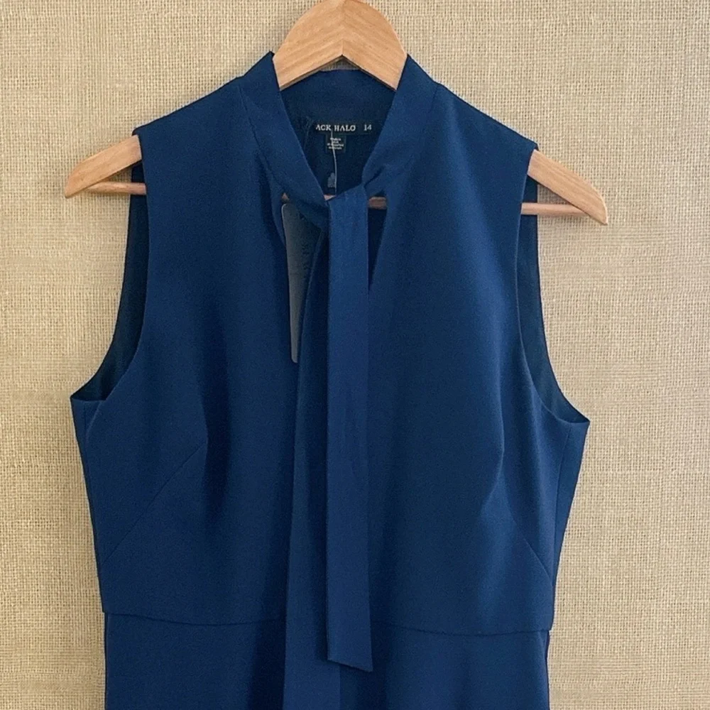 Black Halo Carolina Dress 14 Blue Career Sleeveless Modern Tie Neck Midi Length - Picture 4 of 16